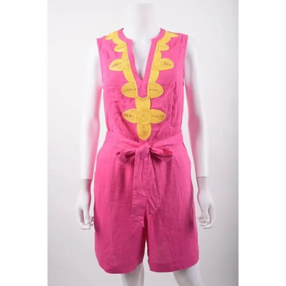 Boden Womans Bella Romper Embroidered UK 8T US 4T Tall Pink Linen